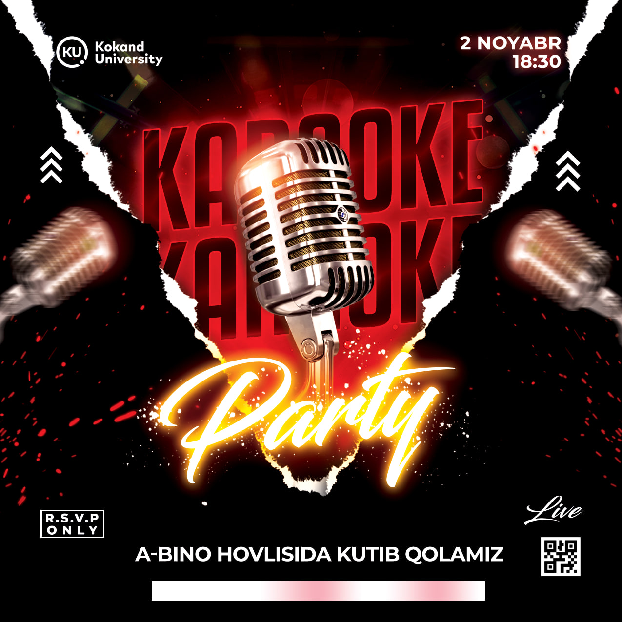 Dear Kokand Univeristy students, we would like to invite you to our "Karaoke Party" taking place today, on November 2nd